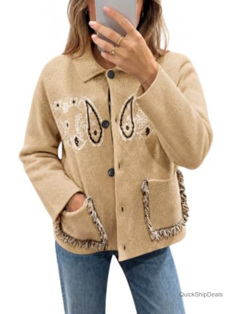 Womens Boho Fringe Paisley Cardigan Button Down Knit Sweater with Pockets